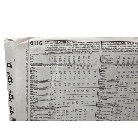 Mccalls 6116 Misses Lined Jacket Top Skirt Split Skirt Sewing Pattern Size 14-18 - Picture 5 of 6